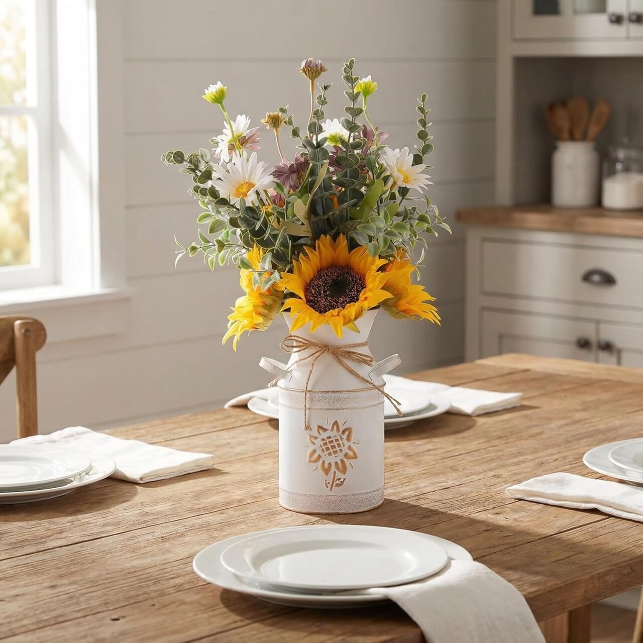 Spring Tabletop Decor – Artificial Sunflower Arrangement with Metal Milk Can Vase, Silk Sunflower & Daisy Faux Flower Centerpiece for Kitchen Table, Bathroom, Coffee Table & Farmhouse Home Décor (Yellow)